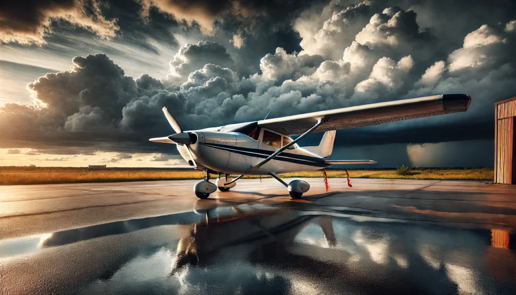 A photo-realistic, wide aspect ratio image of a small single-engine airplane parked on the ramp at an airport. The aircraft is grounded with tie-downs