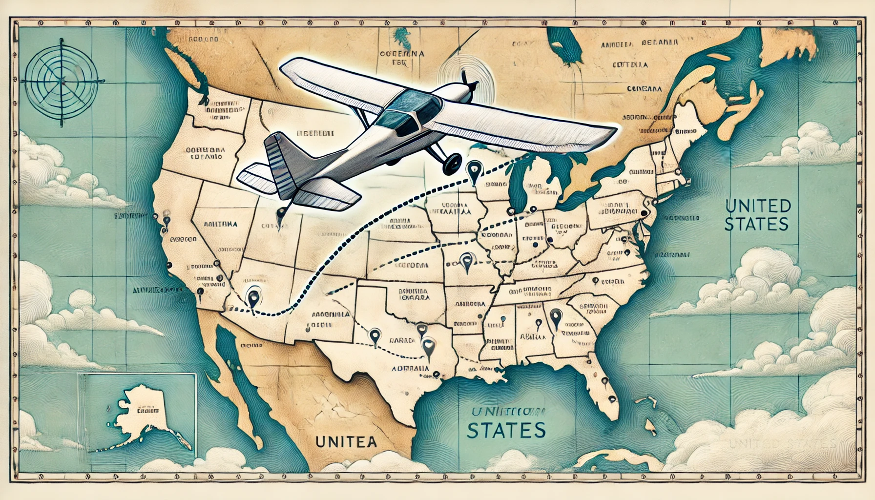 A wide aspect ratio illustration showing an aerial view of a small single-engine airplane flying over a stylized map of the United States