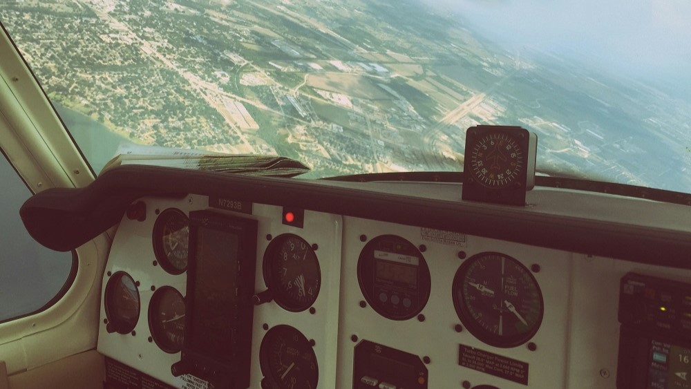 airplane cockpit in flight